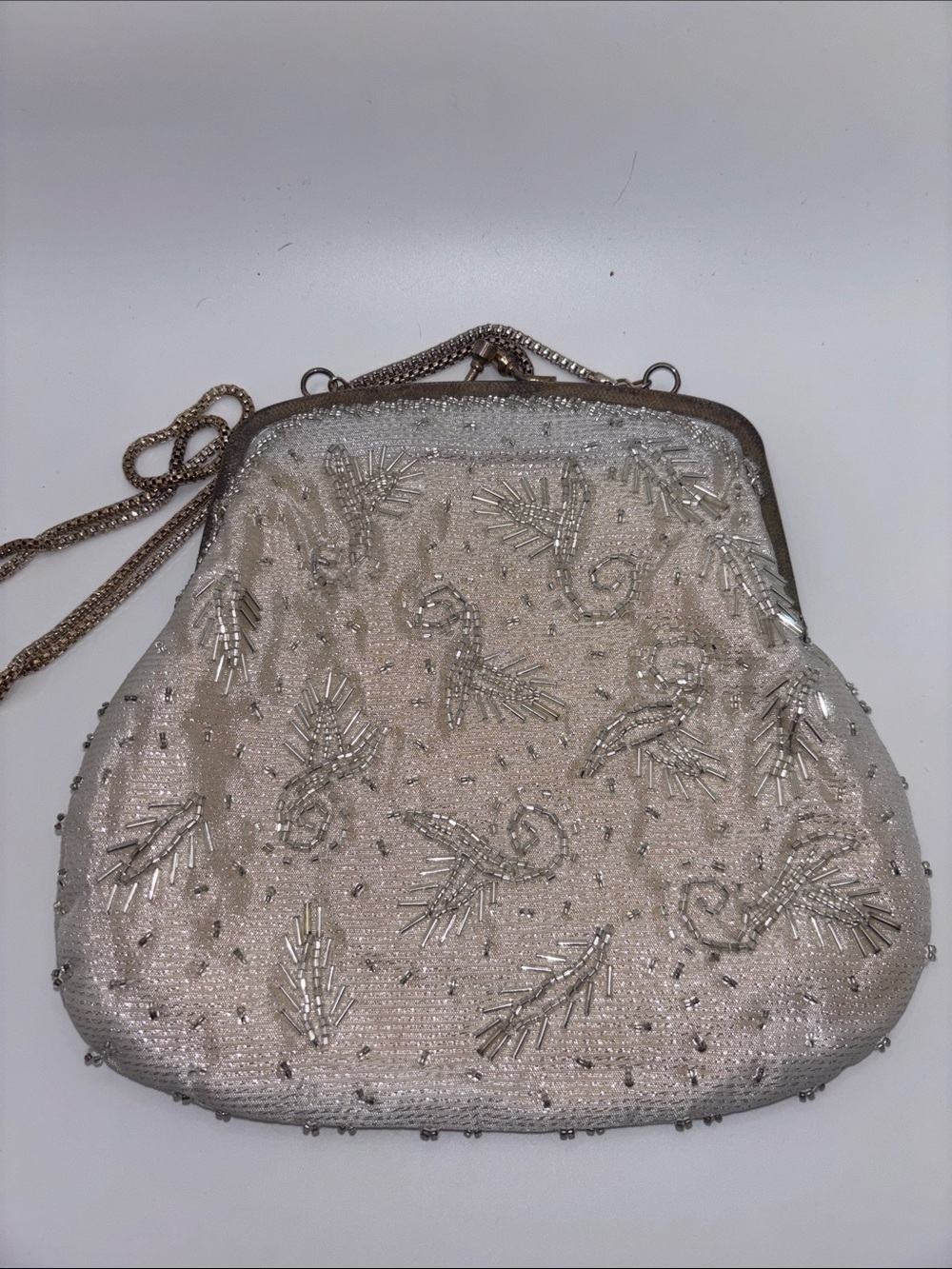 Vintage Ivory Beaded Wristlet with Gold Chain Strap